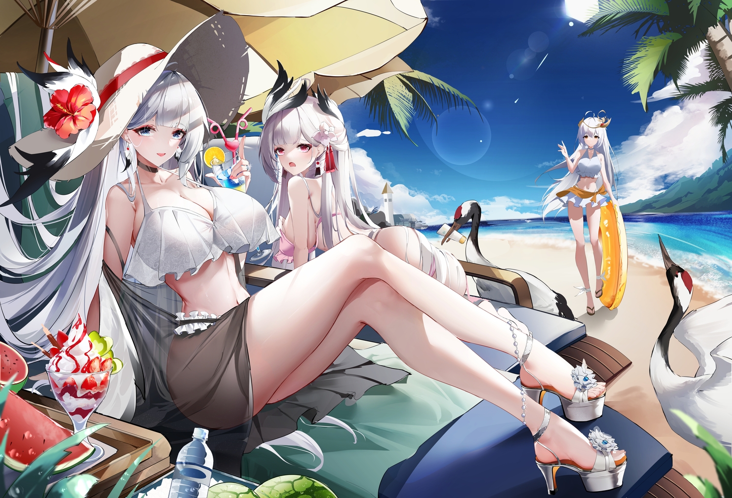 animal, beach, bikini, bird, drink, food, fruit, gray_hair, hat, ice_cream, long_hair, original, purple_eyes, see_through, suencaidi2008, swim_ring, swimsuit, water, watermelon