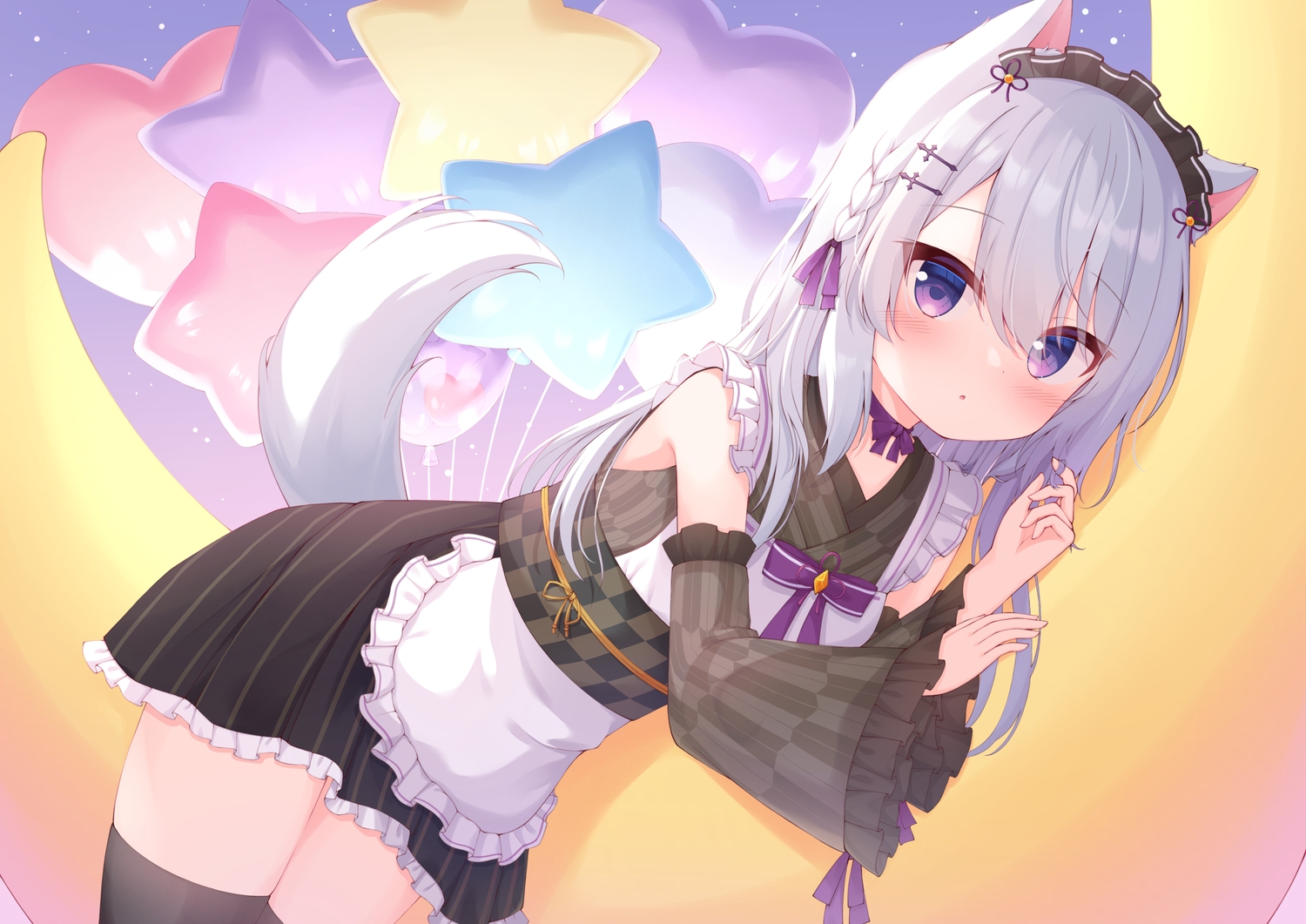 animal_ears, blush, braids, cafe_omusubiya, foxgirl, gray_hair, headband, isoroku_(isrk), japanese_clothes, long_hair, maid, tail, thighhighs, tukimiya_ran, zettai_ryouiki