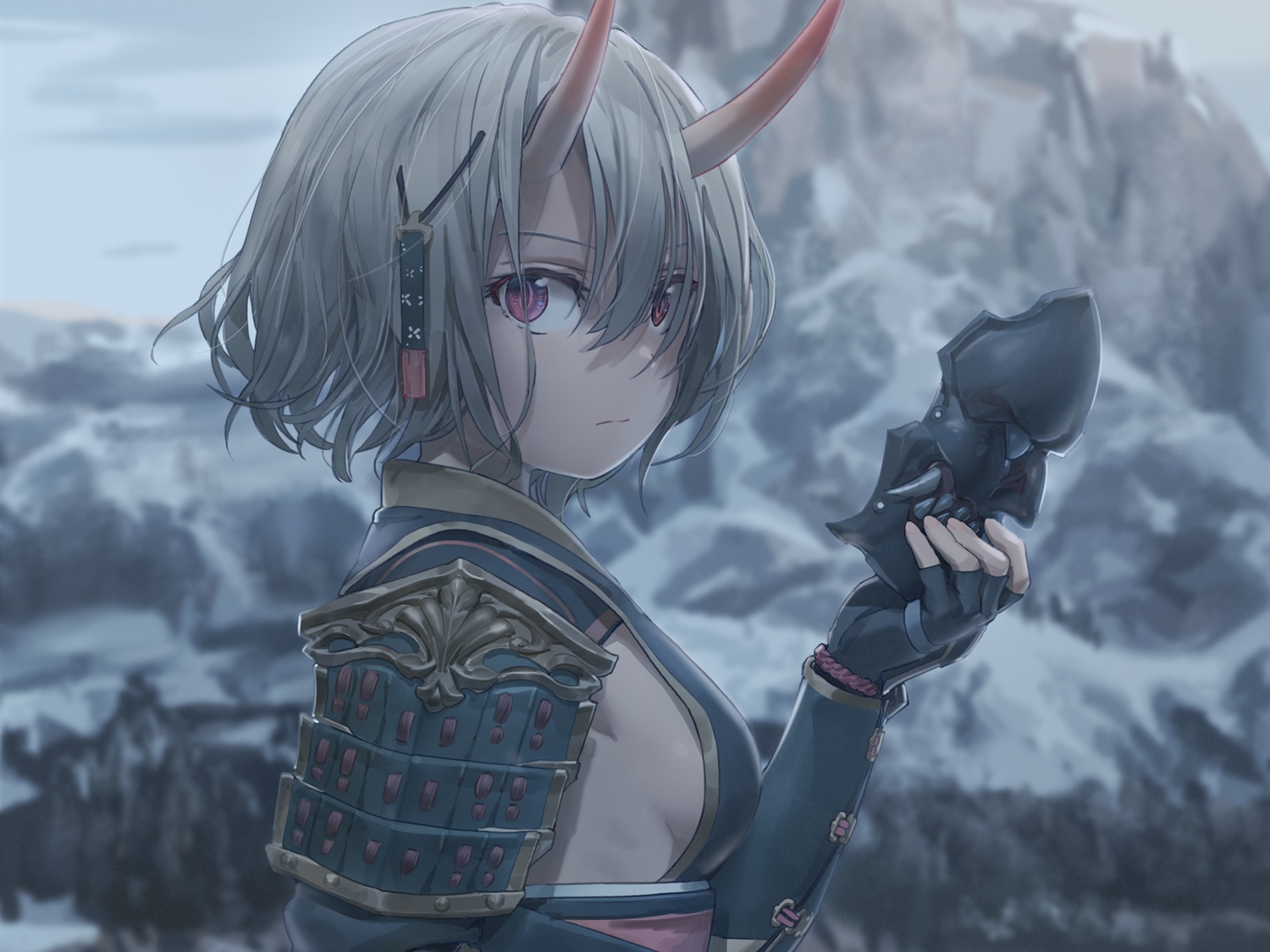 armor, breasts, cropped, demon, gloves, gray_hair, horns, japanese_clothes