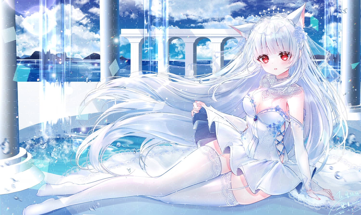 animal_ears, breasts, catgirl, cleavage, hanajiang, kneehighs, original, signed