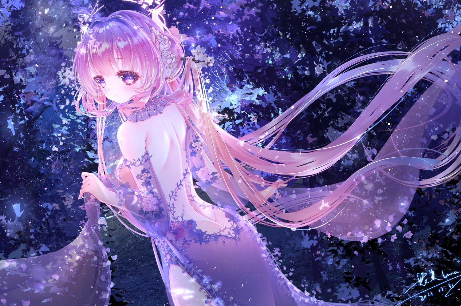 ass, breasts, hanajiang, long_hair, purple_eyes, sideboob, signed