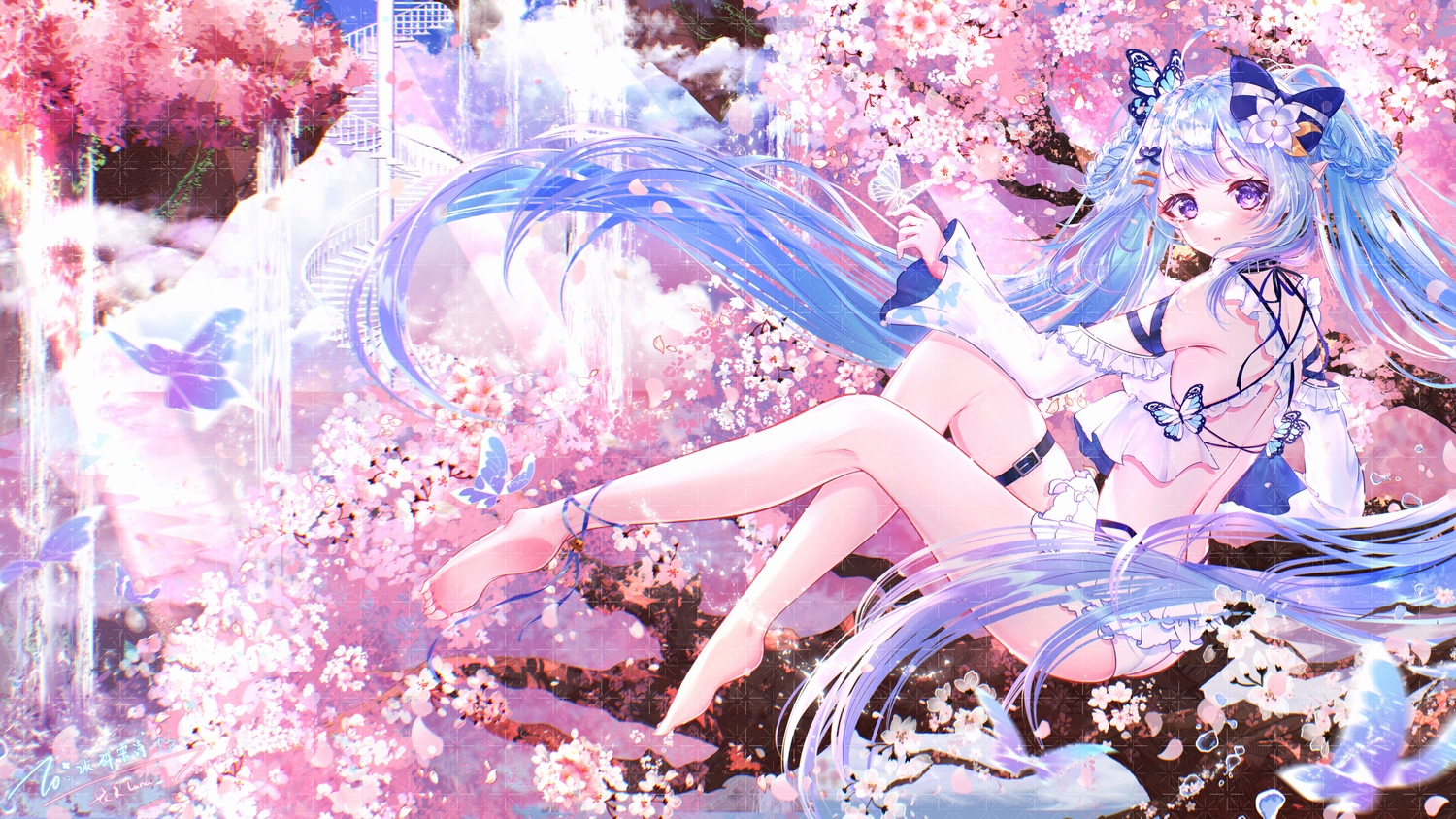 barefoot, butterfly, cherry_blossoms, flowers, hanajiang, pointed_ears, signed, swimsuit