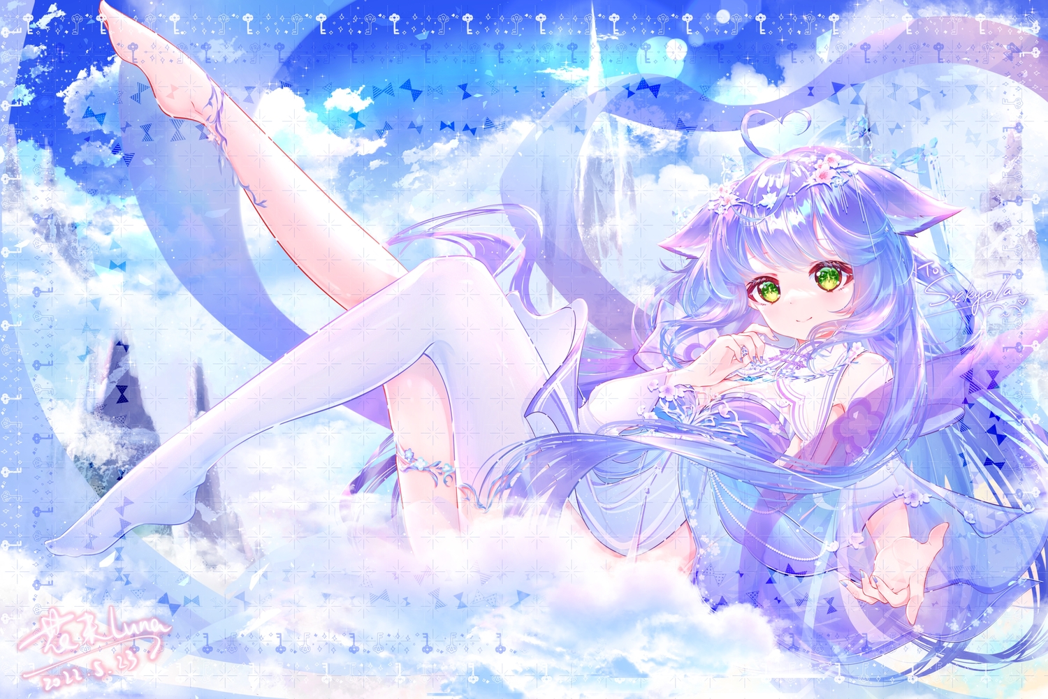 animal_ears, barefoot, catgirl, clouds, hanajiang, scarf, signed, sky
