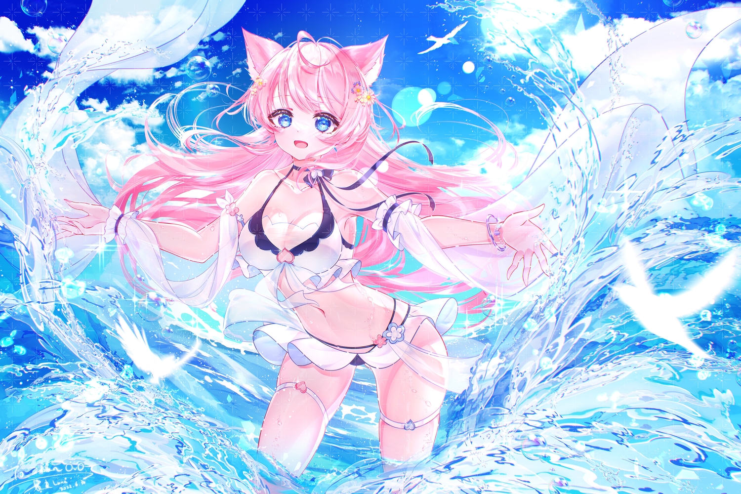 animal_ears, blue_eyes, breasts, catgirl, cleavage, collar, hanajiang, original, pink_hair, signed, swimsuit, water
