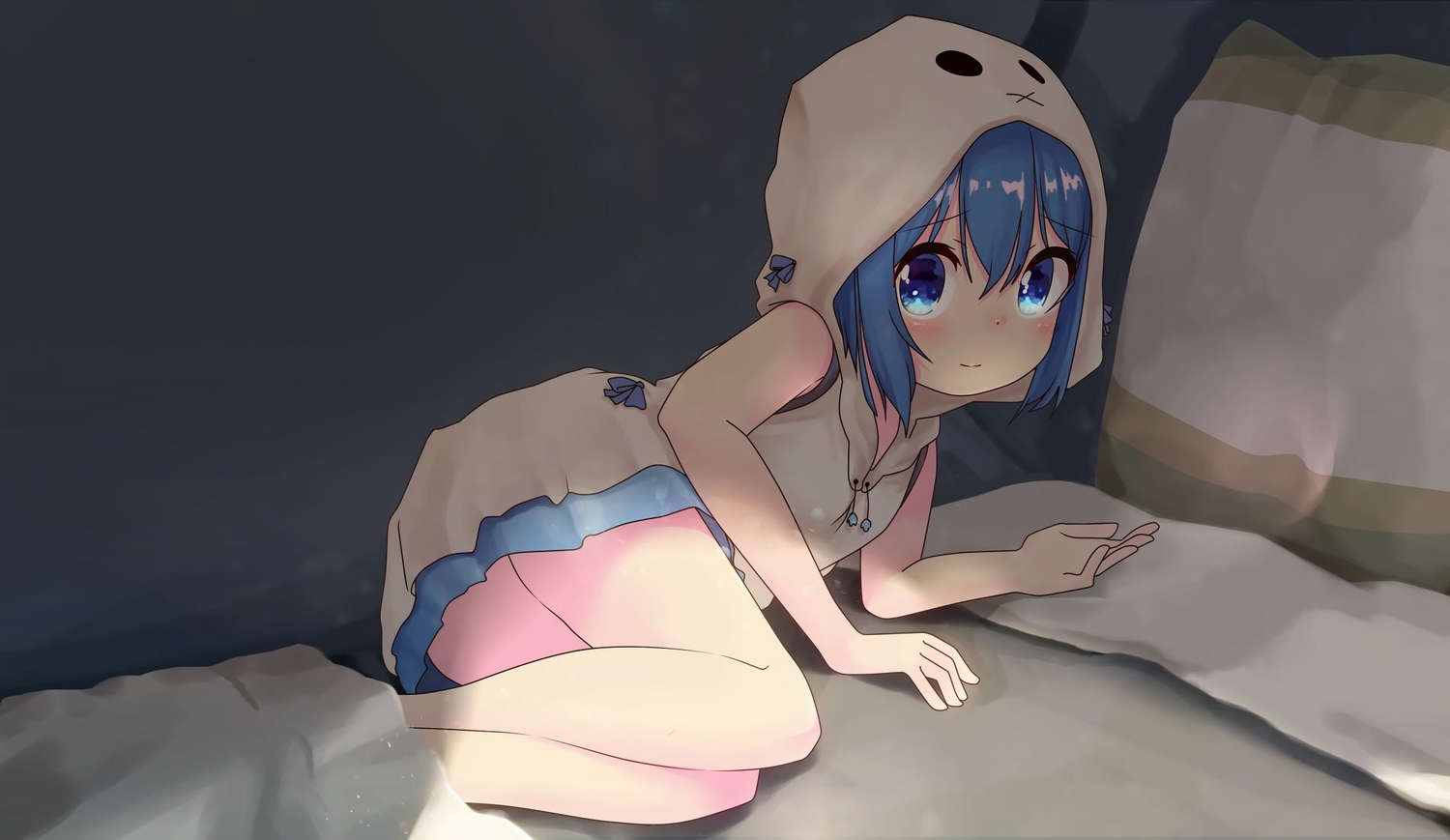 aoi_tori_(artist), aqua_eyes, bed, blue_hair, hood, loli, original, teru-chan_(aoi_tori)