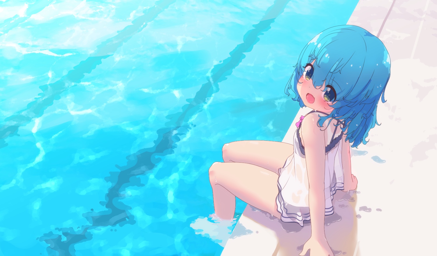 aoi_tori_(artist), blue_hair, green_eyes, loli, original, pool, swimsuit, teru-chan_(aoi_tori)