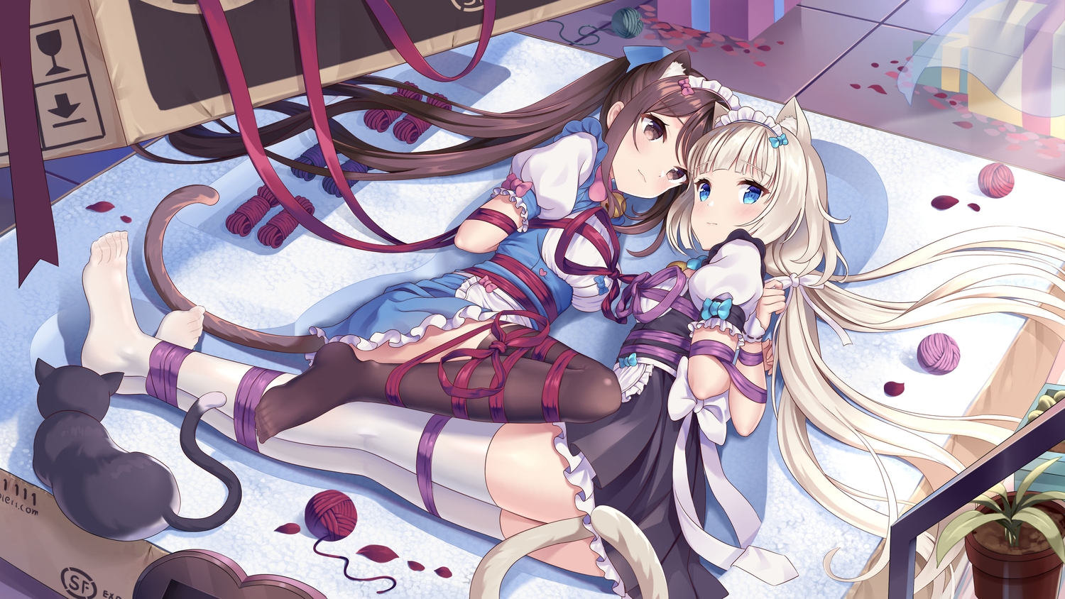 2girls, animal, animal_ears, bondage, cat, catgirl, freshylulu_m, maid