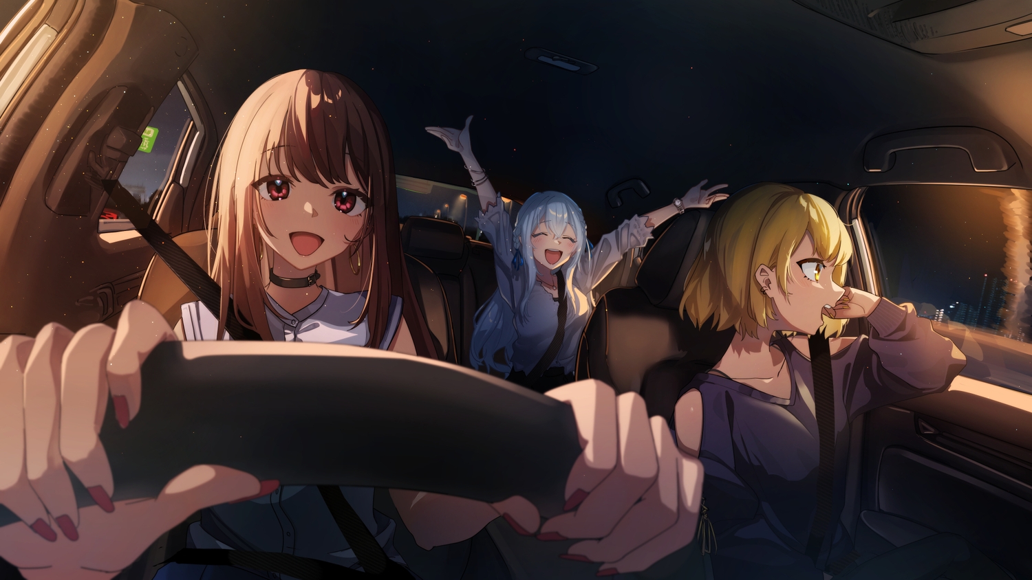 aitsuki_nakuru, blonde_hair, brown_hair, car, la_priere, long_hair, natsume_itsuki, nayuta_(la_priere), red_eyes, yellow_eyes, you'a