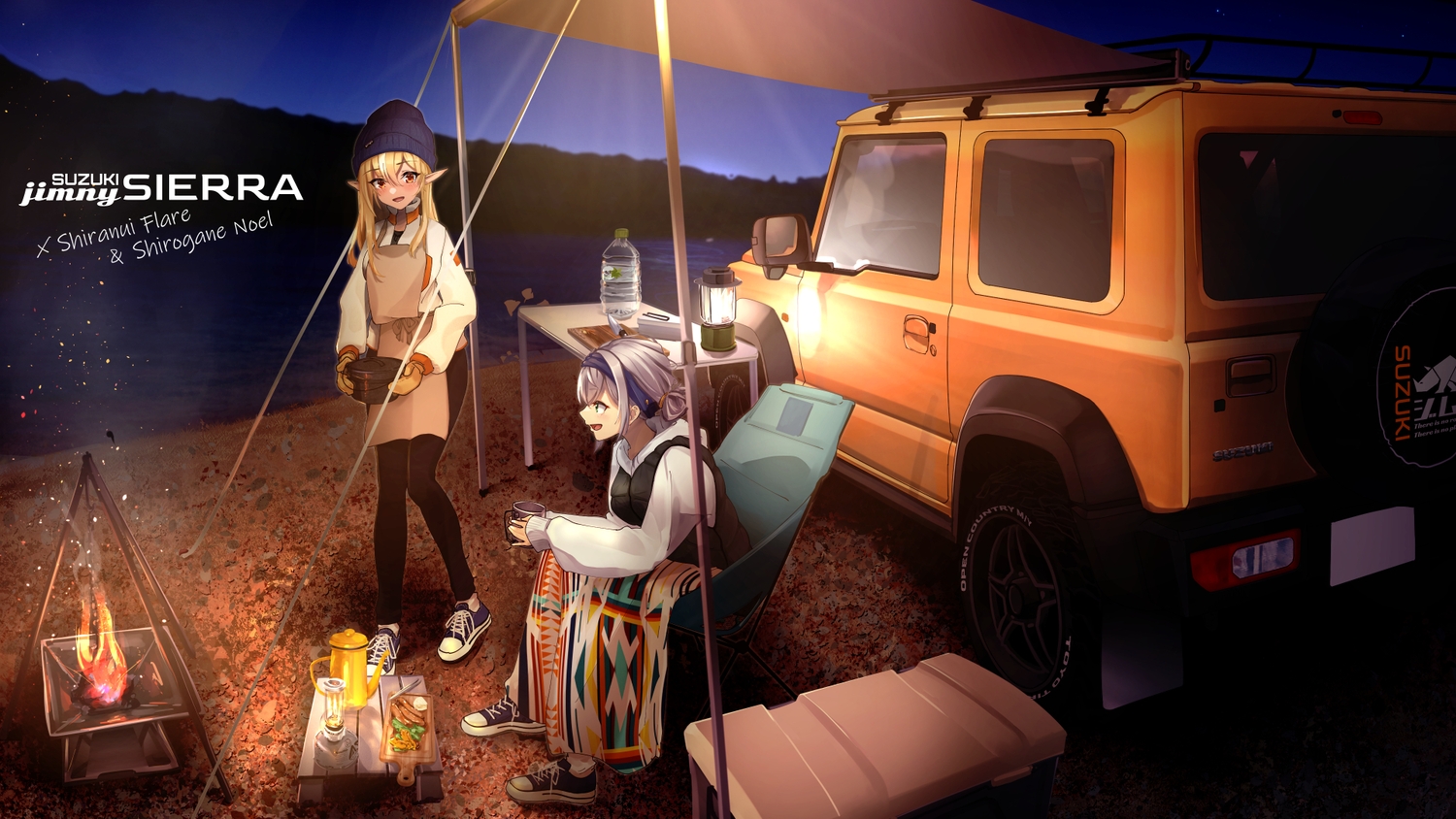 2girls, aliasing, apron, blonde_hair, blush, car, dark_skin, drink