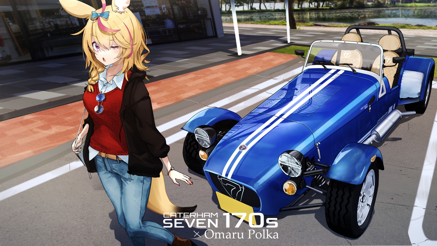 animal_ears, blonde_hair, blush, boots, braids, building, car, foxgirl