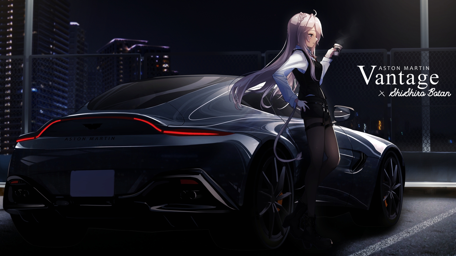 animal_ears, building, car, catgirl, city, dark, drink, gray_eyes, gray_hair, hololive, long_hair, night, pantyhose, shirt, shishiro_botan, shorts, tail, you'a