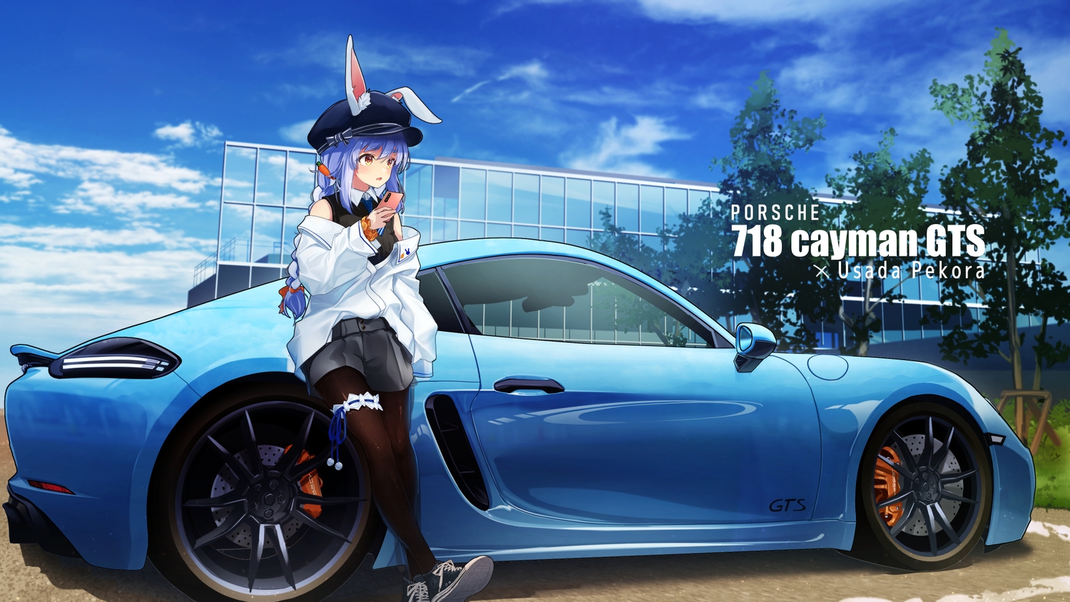 animal_ears, blue_hair, blush, braids, bunny_ears, bunnygirl, car, clouds, garter, hololive, pantyhose, phone, red_eyes, shorts, sky, tree, usada_pekora, you'a