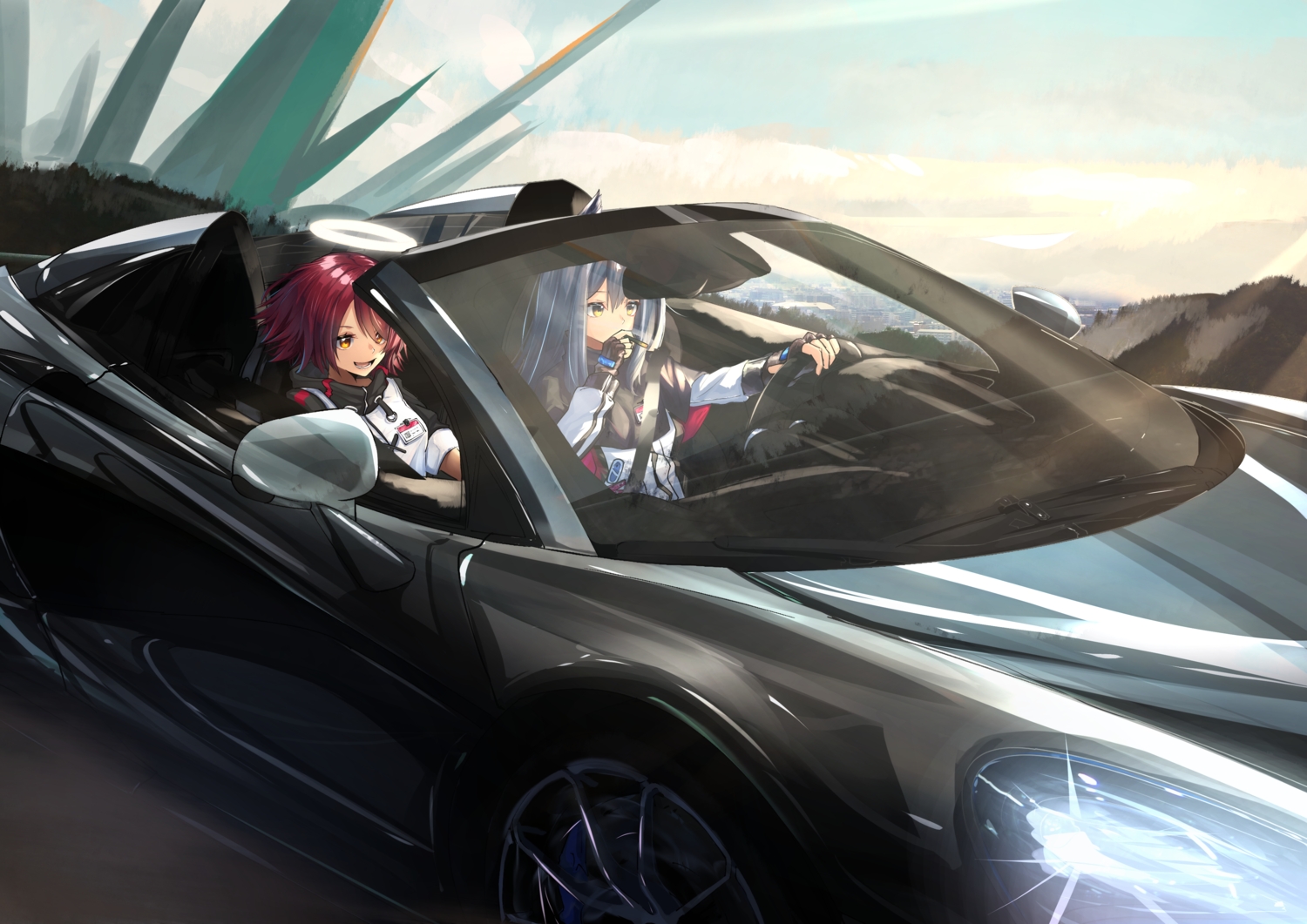 animal_ears, arknights, blue_hair, car, clouds, exusiai_(arknights), gloves, halo