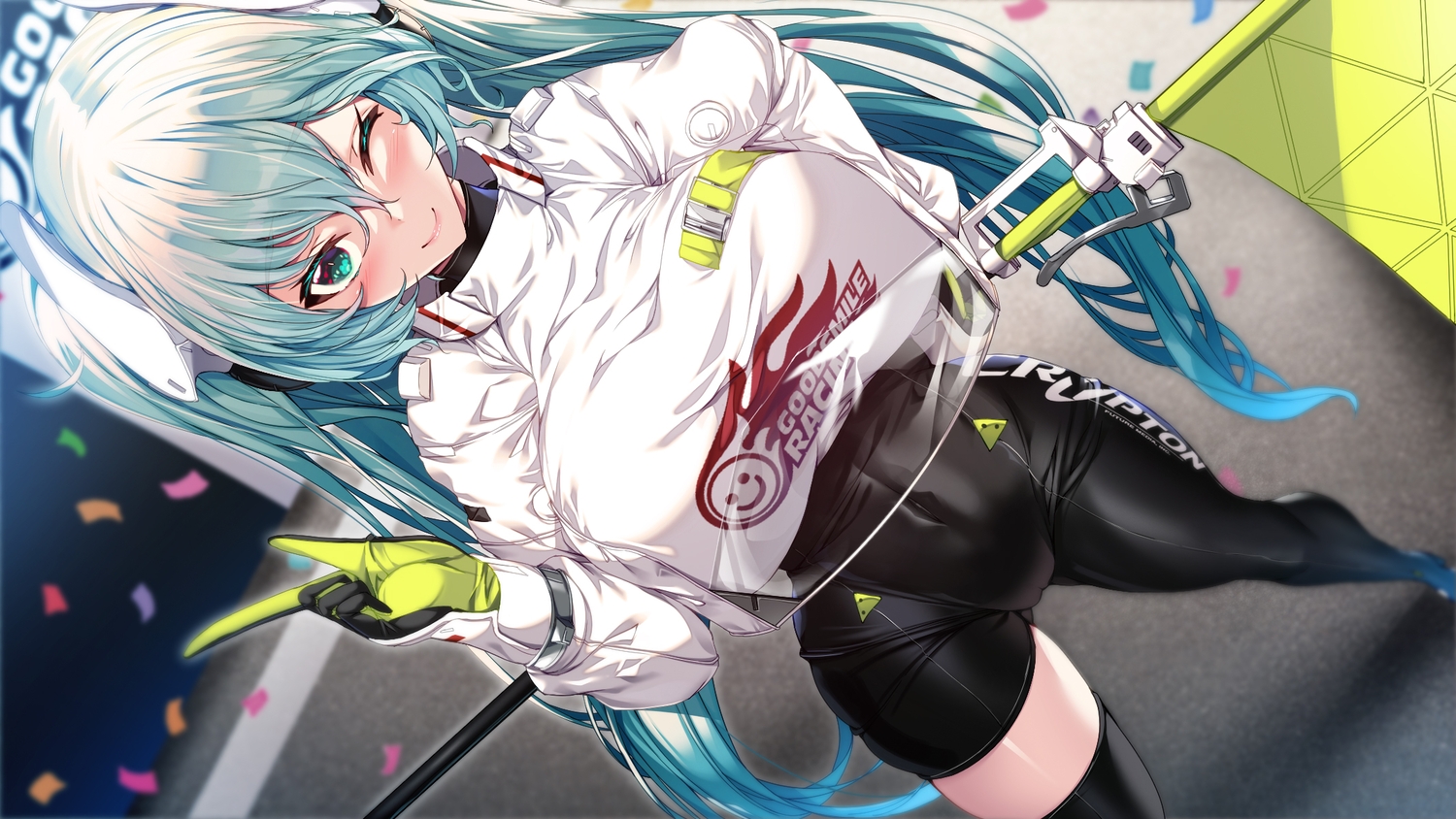 aqua_eyes, aqua_hair, blush, cameltoe, gloves, hatsune_miku, long_hair, thighhighs, torisan, twintails, vocaloid, wink