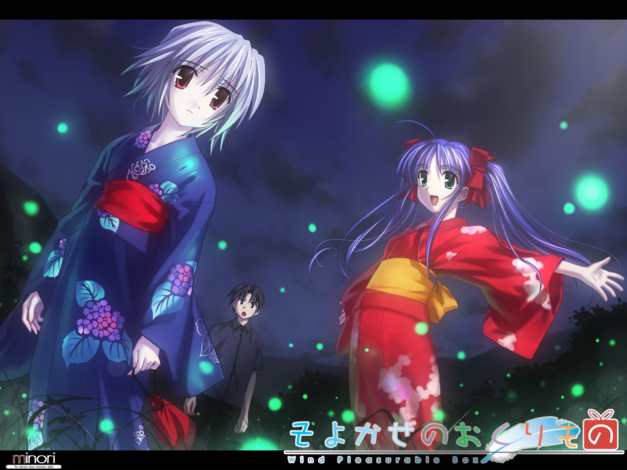 blue_hair, gray_hair, green_eyes, japanese_clothes, kimono, long_hair, minori, narukaze_minamo, red_eyes, tsukishiro_hikari, twintails, wind:_a_breath_of_heart