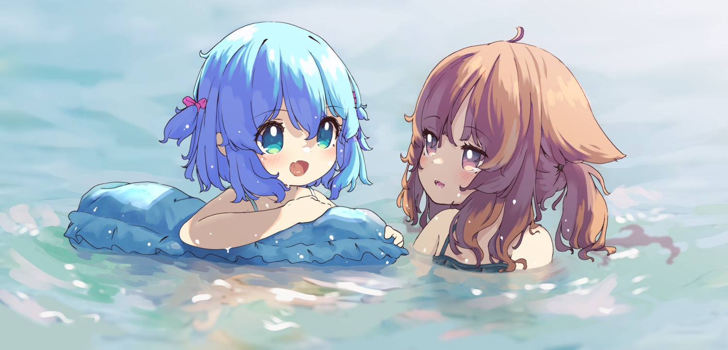 2girls, aoi_tori_(artist), aqua_hair, brown_eyes, brown_hair, green_eyes, loli, original