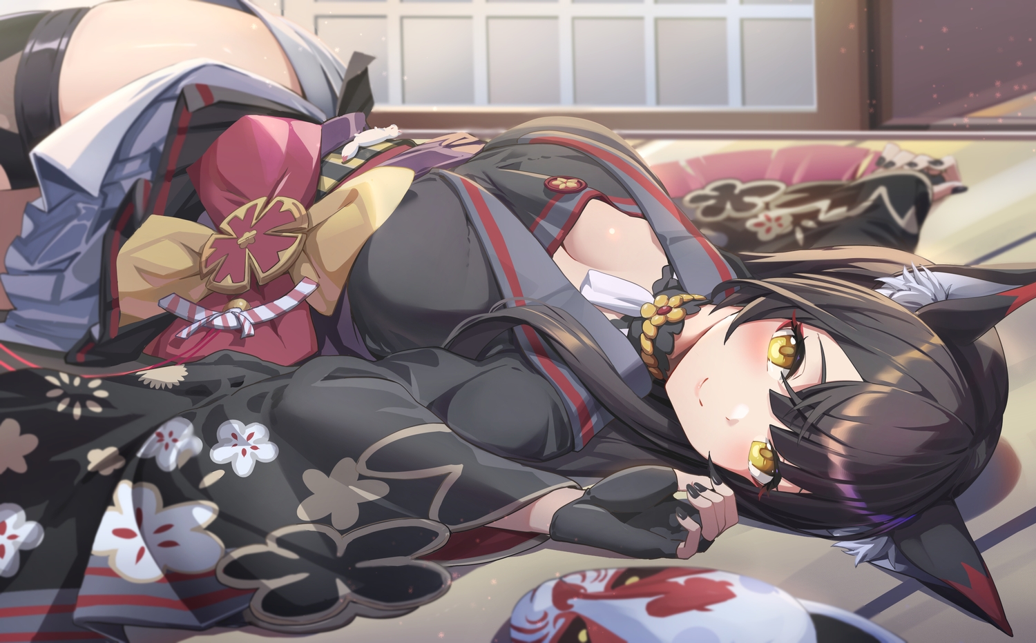 animal_ears, black_hair, blue_archive, breasts, cleavage, foxgirl, gloves, japanese_clothes, kosaka_wakamo, long_hair, mask, reulem, yellow_eyes