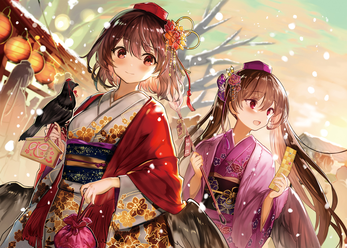 2girls, animal, bird, blush, brown_hair, fuepo, hat, himekaidou_hatate, japanese_clothes, kimono, long_hair, red_eyes, shameimaru_aya, sky, snow, touhou, tree, twintails