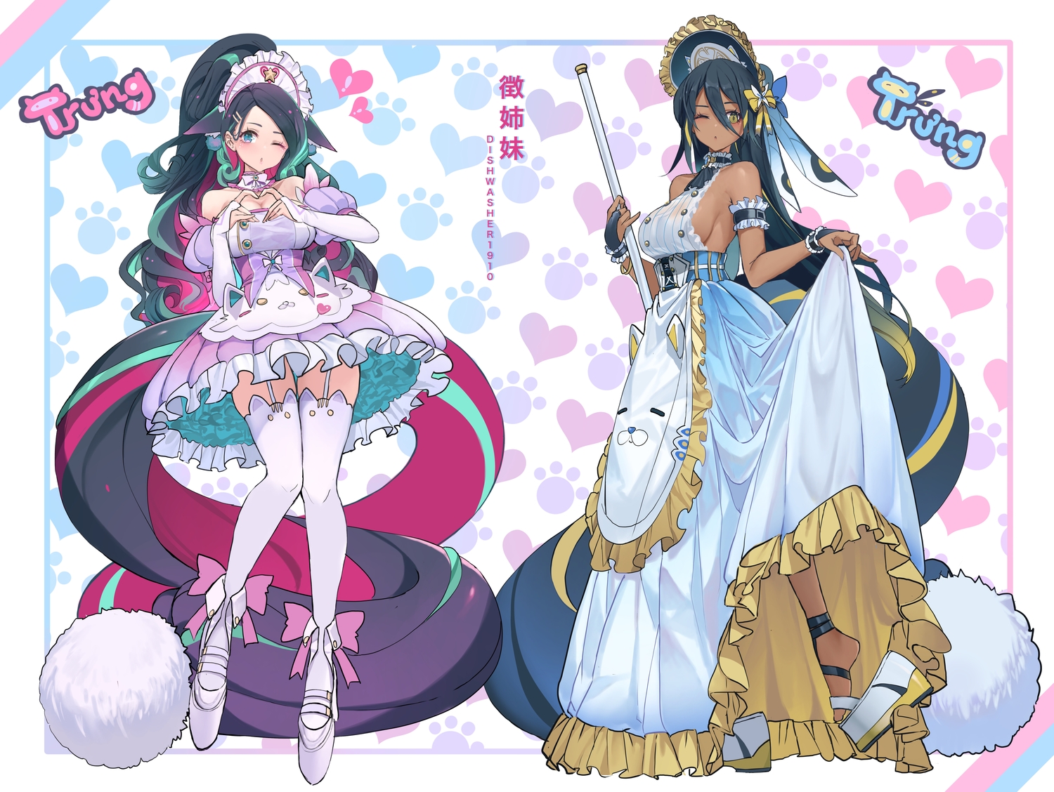 2girls, animal_ears, apron, aqua_eyes, black_hair, bow, breasts, cleavage