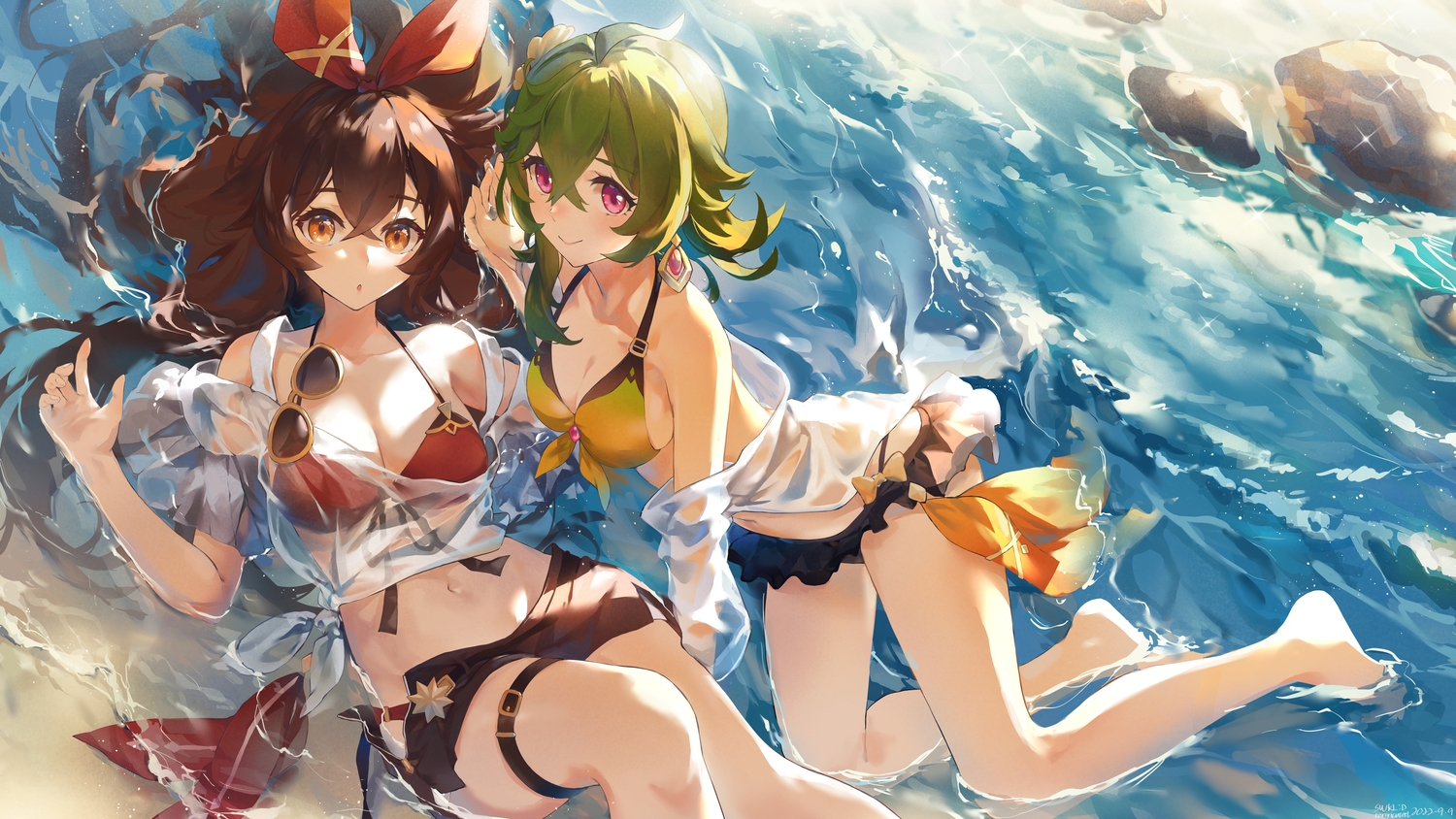 2girls, amber_(genshin_impact), barefoot, bikini, breasts, brown_hair, cleavage, collei_(genshin_impact)