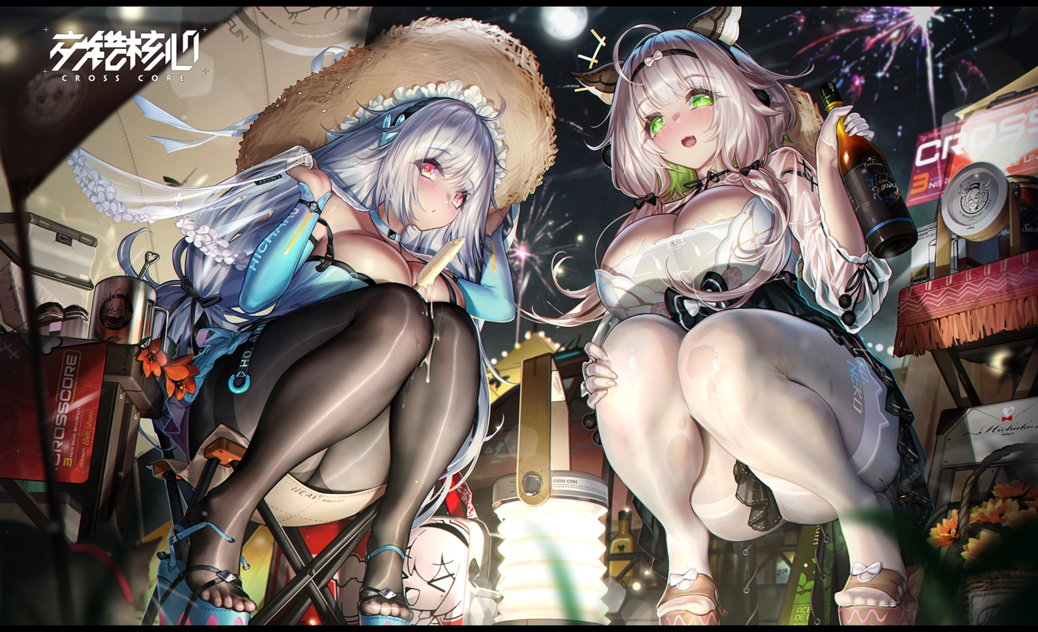 blush, breasts, choker, cleavage, daiblos_core, dk_senie, fireworks, food, gloves, gray_hair, green_eyes, ice_cream, logo, long_hair, moon, noctilucent_(daiblos_core), pantyhose, popsicle, red_eyes, skirt, tagme_(character), white_hair