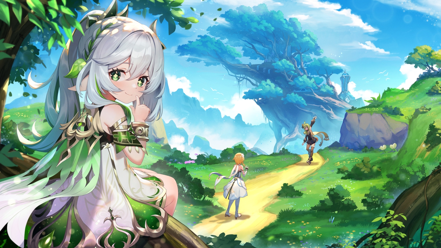 blonde_hair, clouds, collei_(genshin_impact), dress, genshin_impact, gray_hair, green_eyes, loli, long_hair, lumine_(genshin_impact), nahida_(genshin_impact), pointed_ears, raijuu_(bakanara), scenic, sky