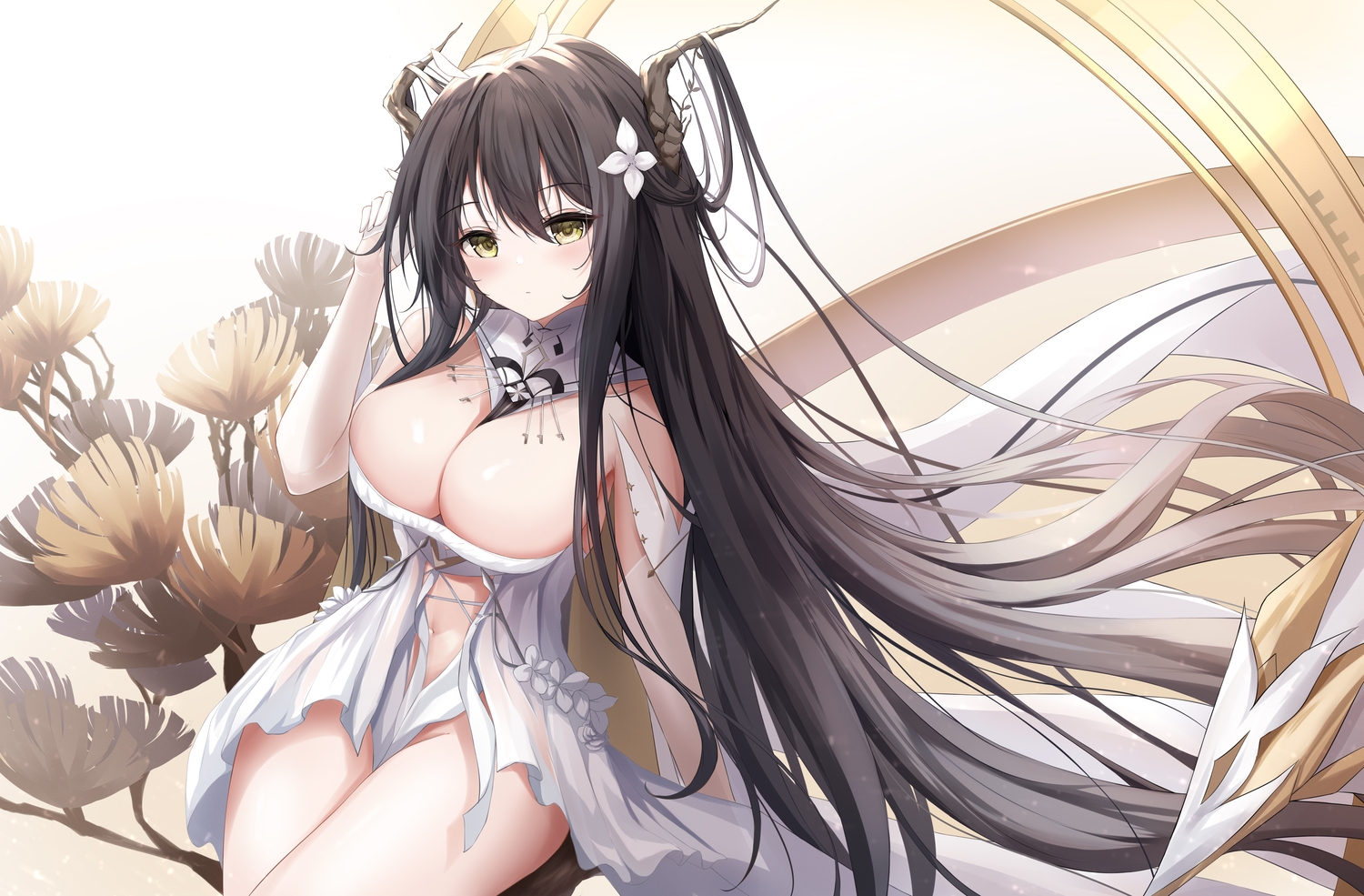 anthropomorphism, azur_lane, black_hair, breasts, cleavage, dress, horns, indomitable_(azur_lane)