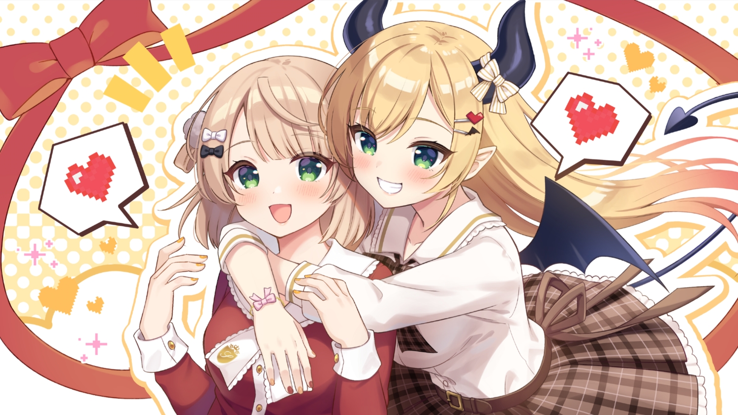 2girls, blonde_hair, blush, bow, brown_hair, crossover, demon, green_eyes