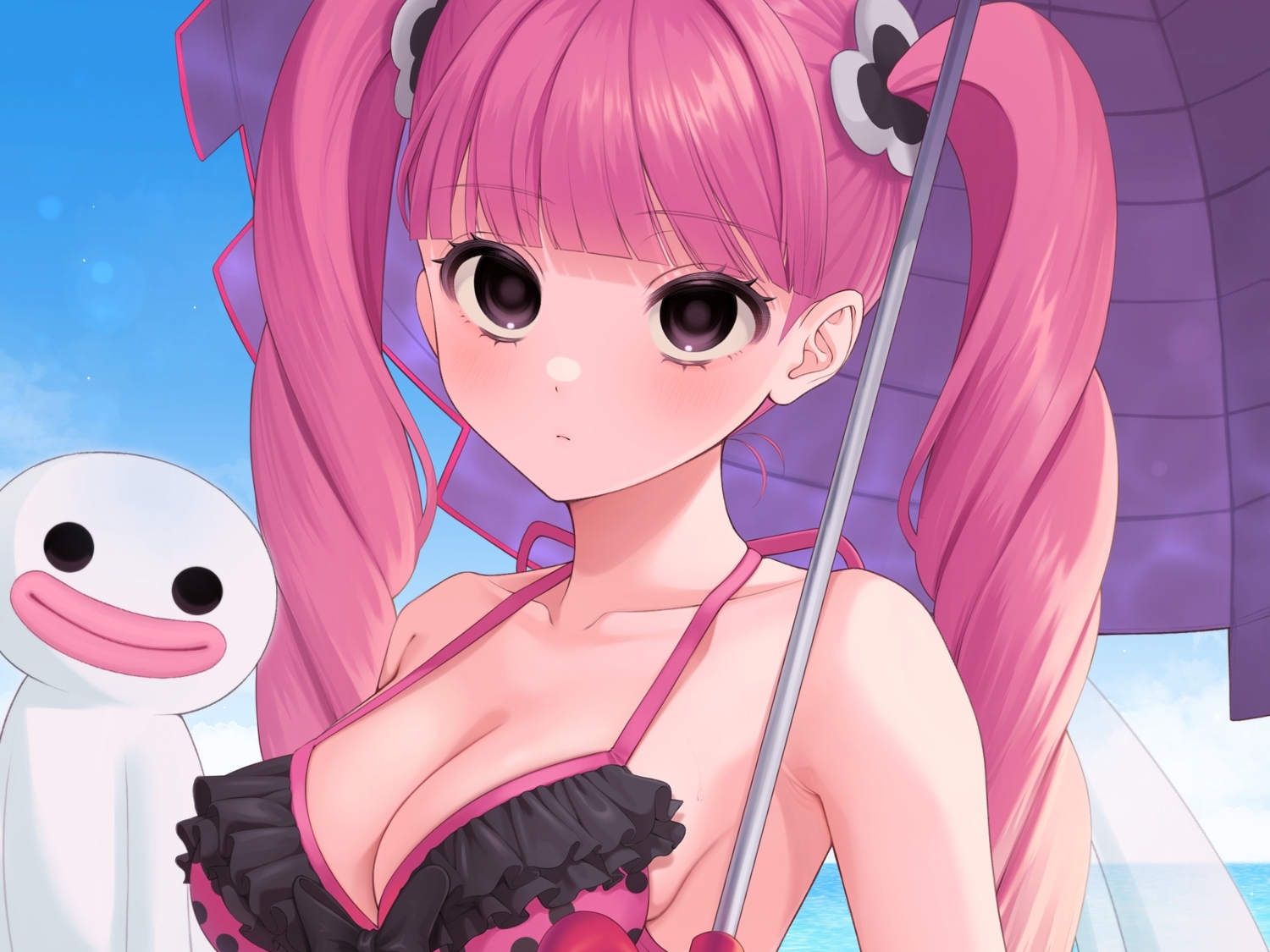 beach, bikini, black_eyes, blush, breasts, cleavage, close, cropped, long_hair, nama, one_piece, perona, pink_hair, swimsuit, twintails, umbrella, water
