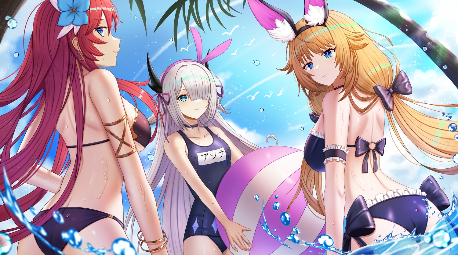animal_ears, ass, ball, blue_eyes, bow, clouds, gray_hair, long_hair, melreon, red_hair, school_swimsuit, sky, swimsuit, tagme_(character), tree, twintails, water
