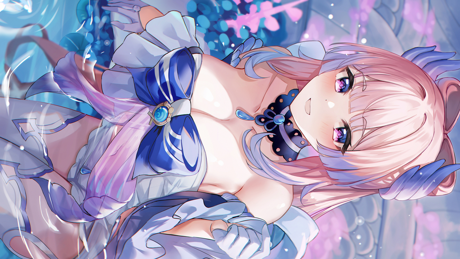blush, breasts, dress, eric_(tianqijiang), genshin_impact, gloves, pink_hair, purple_eyes
