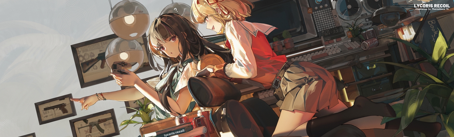 2girls, 3d, blonde_hair, blush, book, brown_hair, coca_cola, computer