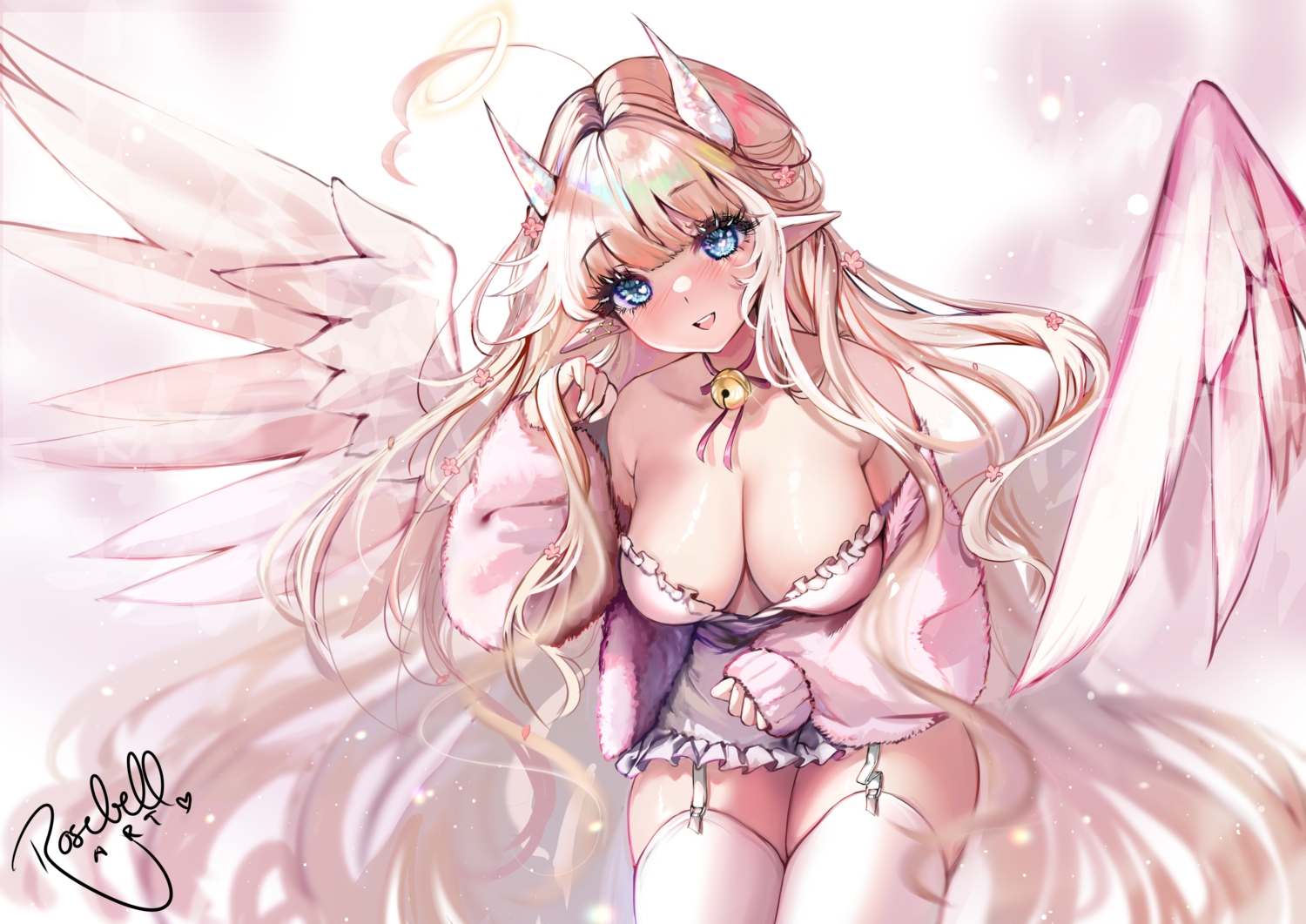 angel, bell, blonde_hair, blue_eyes, blush, breasts, choker, cleavage, dress, garter_belt, halo, horns, indie_virtual_youtuber, long_hair, pointed_ears, ribbons, rosebell, rosebell_(vtuber), signed, stockings, wings, zettai_ryouiki