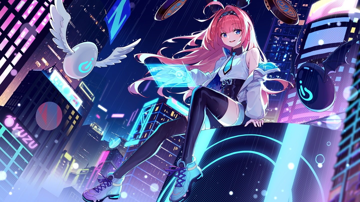 blue_eyes, building, city, computer, headband, lishenna_omen_of_destruction, long_hair, night, open_shirt, rain, red_hair, shadowverse, shorts, thighhighs, tie, water, wet, wujia_xiaozi, zettai_ryouiki