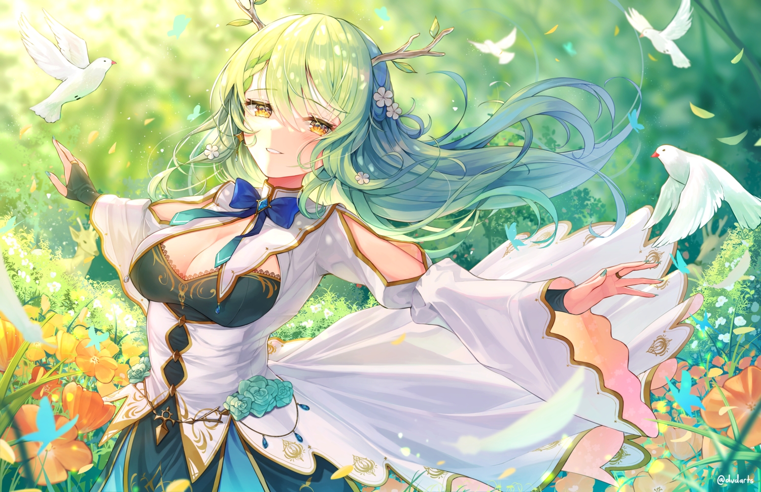 animal, bird, bow, breasts, ceres_fauna, cleavage, dress, dvdarts, flowers, grass, green, green_hair, hololive, horns, long_hair, petals, signed, yellow_eyes