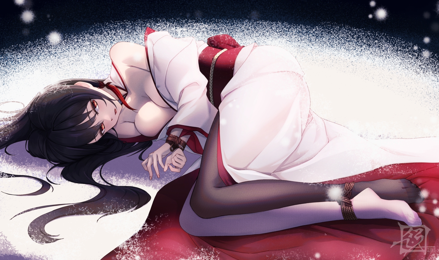 black_hair, bondage, breasts, brown_eyes, cleavage, japanese_clothes, kimono, long_hair, no_bra, rope, suryua, watermark