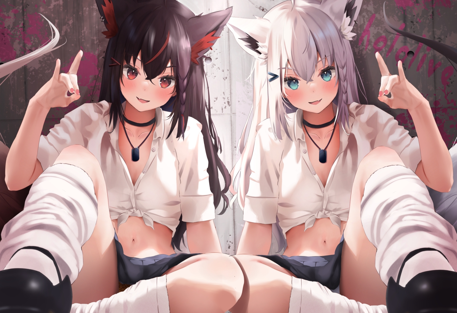 2girls, animal_ears, aqua_eyes, black_hair, blush, braids, choker, fang, foxgirl, graffiti, gray_hair, hololive, kneehighs, kurokami_fubuki, long_hair, navel, red_eyes, school_uniform, shirakami_fubuki, shirt, shirt_lift, skirt, socks, tail, uechin_ewokaku