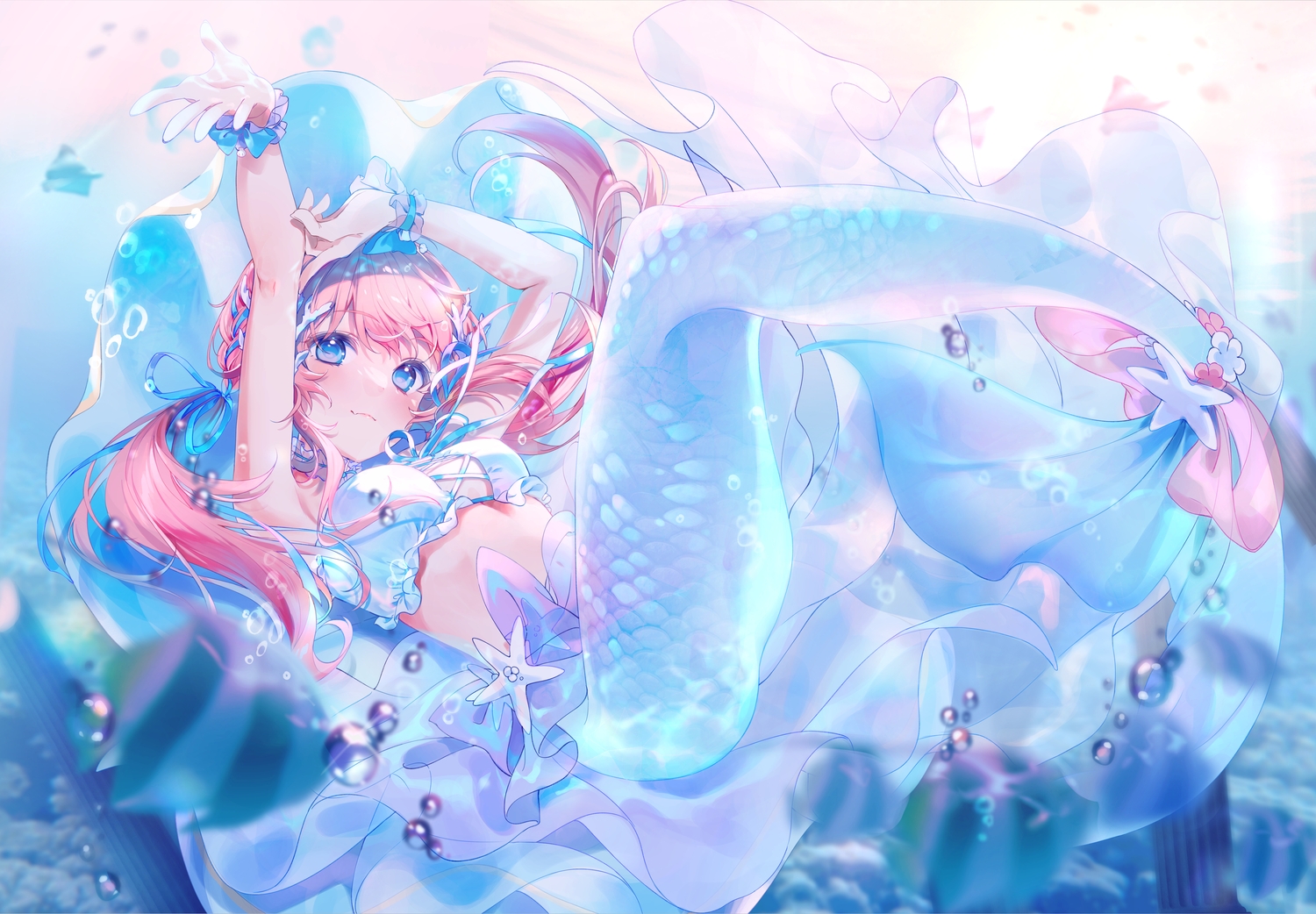 a20_(atsumaru), aqua_eyes, bikini_top, braids, hanagumo_kuyuri, hitotose_tanteidan, long_hair, mermaid