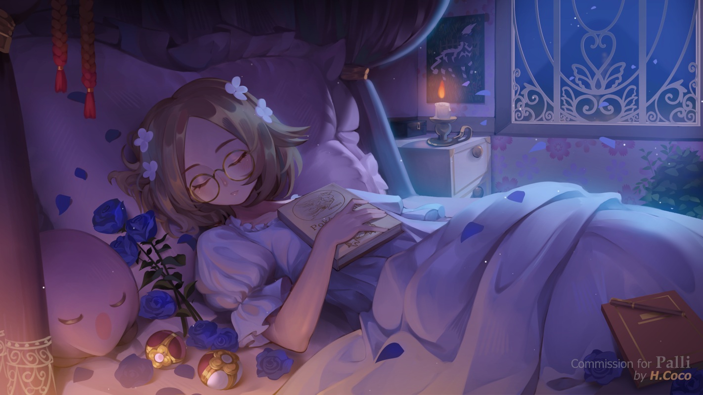 ball, bed, bel_(pokemon), blonde_hair, book, flowers, glasses, hentaki