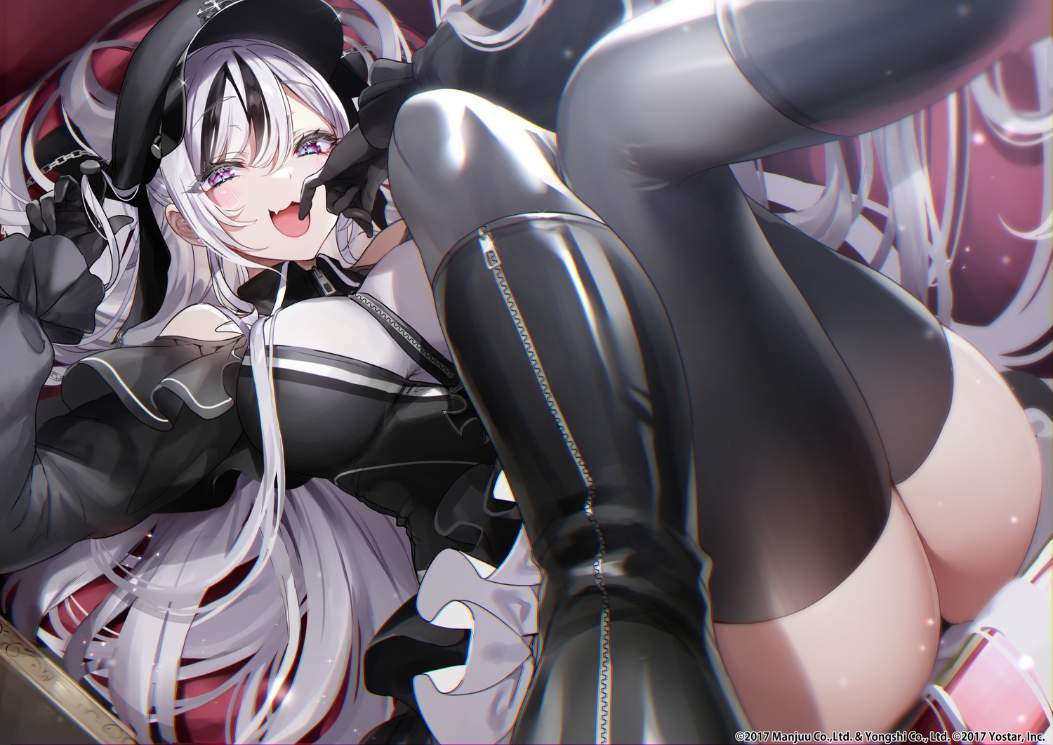 anthropomorphism, azur_lane, blush, boots, cat_smile, dress, elbe_(azur_lane), fang, gloves, gray_hair, hat, long_hair, nekometaru, purple_eyes, thighhighs