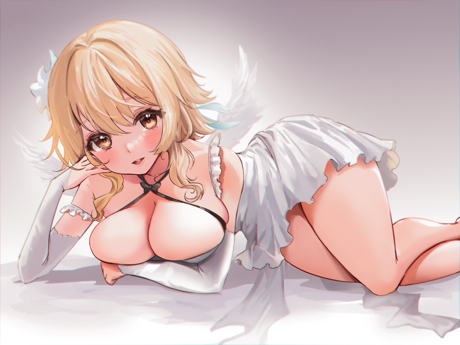 ash_(cat7evy), blonde_hair, blush, breast_hold, breasts, cleavage, dress, genshin_impact, gradient, lumine_(genshin_impact), no_bra, short_hair, wings, yellow_eyes