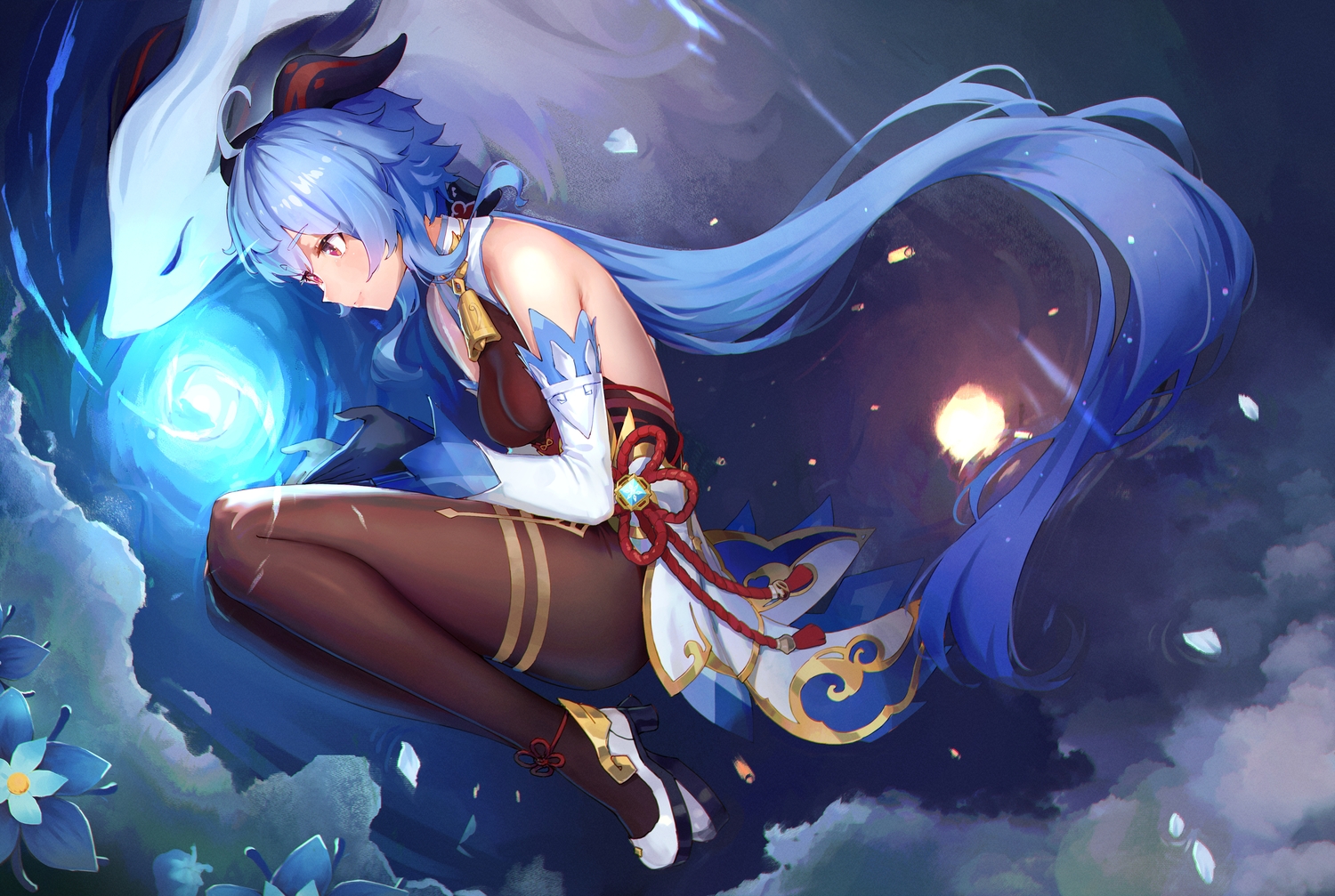 alaskastomatoez, blue_hair, flowers, ganyu_(genshin_impact), genshin_impact, gloves, horns, long_hair