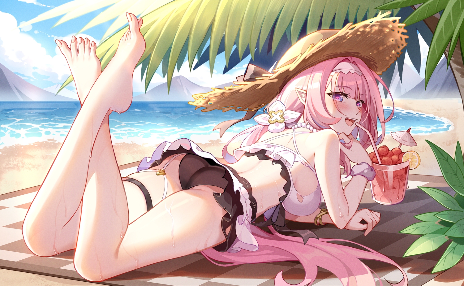 ass, barefoot, beach, bikini, elysia_(honkai_impact), gou_lianlian_dogface, honkai_impact, honkai_(series)