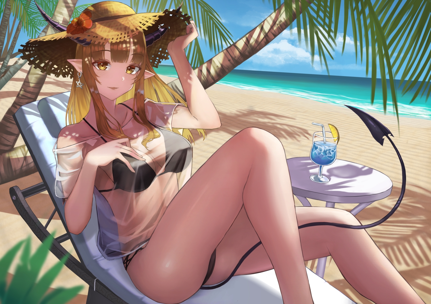 beach, bikini, blonde_hair, blush, breast_hold, clouds, drink, hat, horns, long_hair, original, pointed_ears, saba-kann_(kannsaba), see_through, shade, sky, swimsuit, tail, tree, water, yellow_eyes