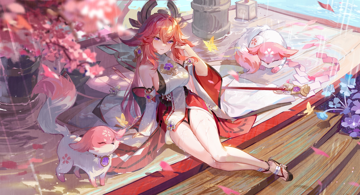 akihara_nozomi, animal, animal_ears, blush, breasts, cherry_blossoms, flowers, fox, foxgirl, genshin_impact, japanese_clothes, long_hair, miko, pink_hair, purple_eyes, rain, sideboob, water, wet, yae_miko