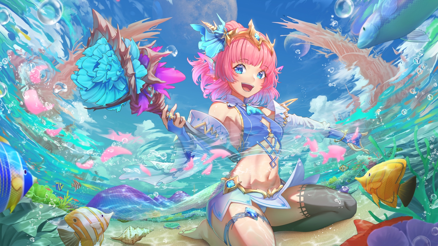 animal, barefoot, blue_eyes, breasts, bubbles, fish, gloves, gus1999, navel, original, panties, pink_hair, short_hair, sideboob, staff, thighhighs, tiara, underwater, underwear, water