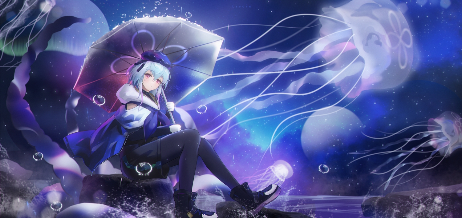 all_male, animal, arknights, blue_hair, fish, ling_dianxia, male, mizuki_(arknights), otoko_no_ko, purple_eyes, umbrella, water