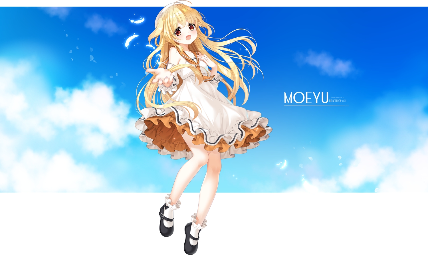blonde_hair, clouds, dress, fang, feathers, hat, loading_(verjuice), long_hair