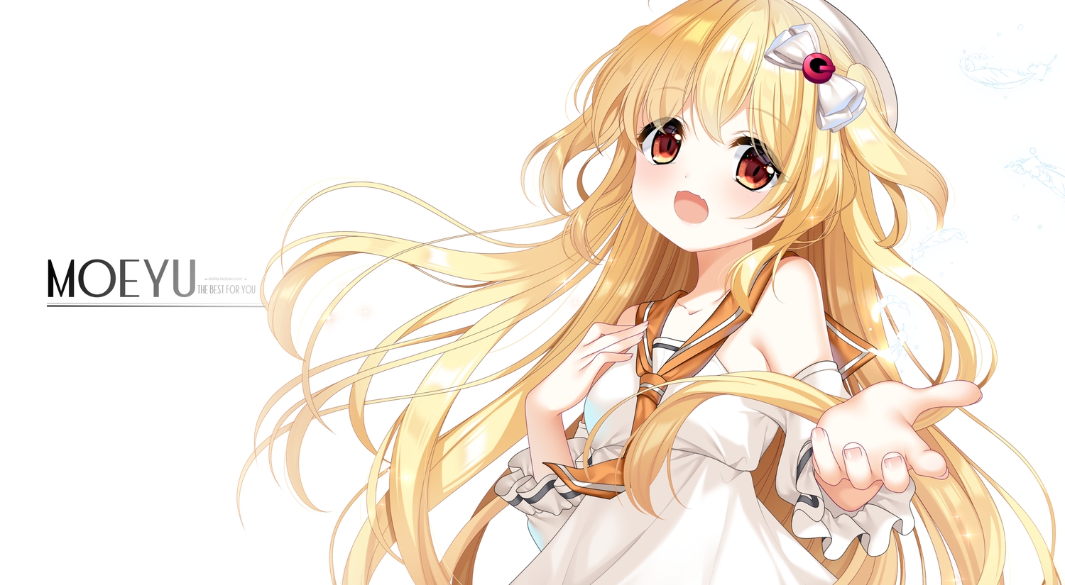 blonde_hair, bow, close, dress, fang, feathers, hat, loading_(verjuice)