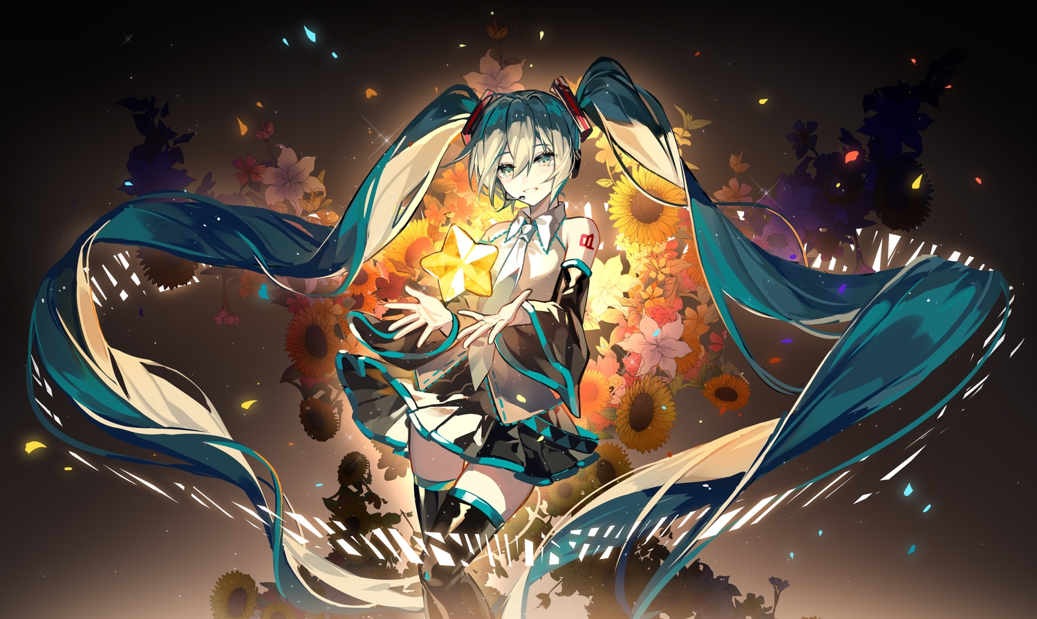 flowers, hatsune_miku, kazenemuri, sunflower, vocaloid